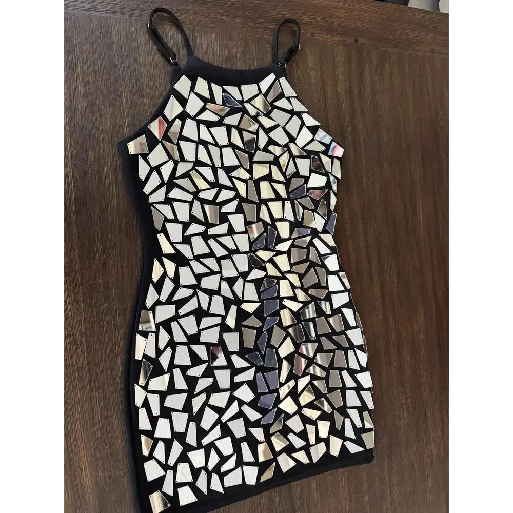 Glam Mirror Mosaic Sequin Dress Womens S/M Black Disco Party Club Festival - Picture 2 of 8